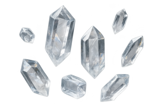 Collection of quartz crystals isolated on transparent background, clear stones