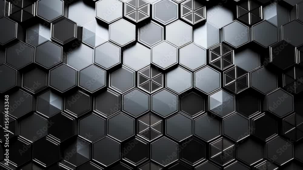 Poster a dark abstract background features a geometric pattern of black hexagons, creating a textured and e