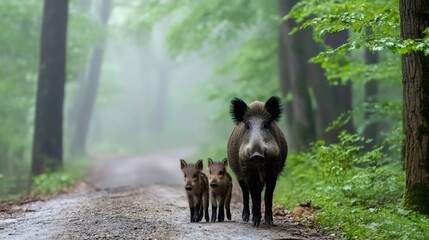 Wild boar family walking on a forest road in the fog