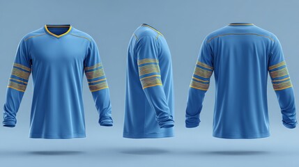 Blue floorball jersey mockup with yellow stripes, front, side, back views on blue background
