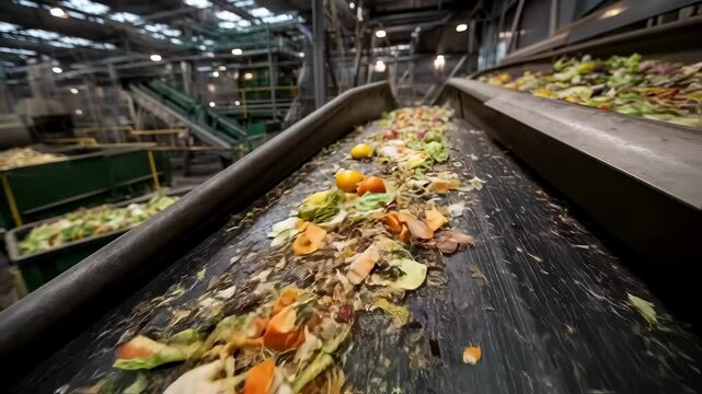 Organic waste moves along a conveyor belt in an industrial composting facility, showcasing the process of transforming food scraps into valuable compost for sustainable agriculture
