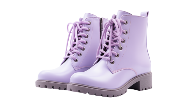 Lilac ankle boots with laces, a fashionable footwear choice on a transparent background