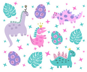 Illustration of cute dinorosaurs on white background.