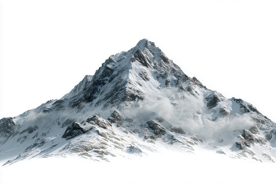 Snow-covered mountain peak with clouds on a white,Isolated on a white background for clarity.