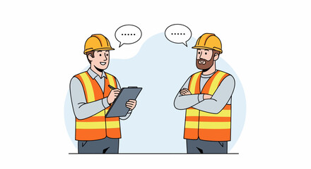 Two Construction Workers in Hard Hats Discussing Plans with Speech Bubbles
