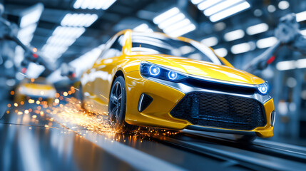 Yellow sports car speeds along automated assembly line with bright sparks flying. Modern factory setting showcases advanced technology and innovation