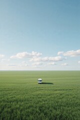 "Tranquil 3D Landscape with a Small Bus on a Serene Field"