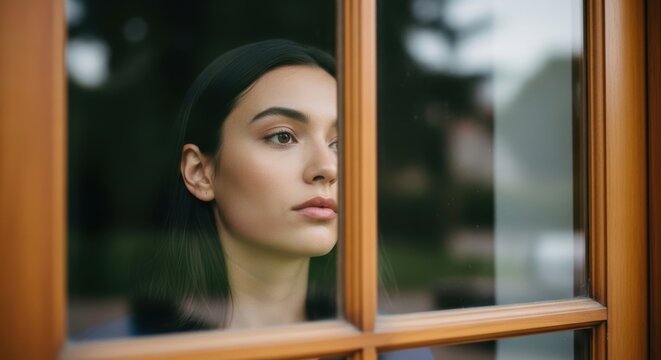 Young caucasian woman reflecting through window in thoughtful pose - Powered by Adobe