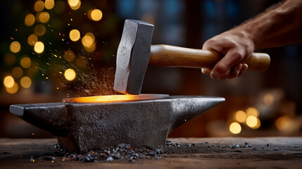 Blacksmith hammers hot metal on anvil, sparks flying in warm workshop setting with soft bokeh lights. Concept of craftsmanship, metalworking, artisan skills
