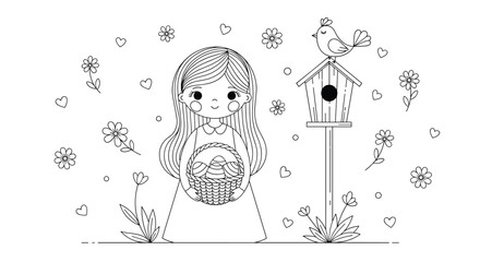 Whimsical girl holding a dreamcatcher surrounded by flowers and a birdhouse a charming illustration