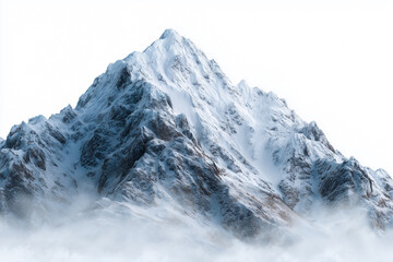 Obraz premium Snow-covered mountain peak with clouds on a white,Isolated on a white background for clarity.