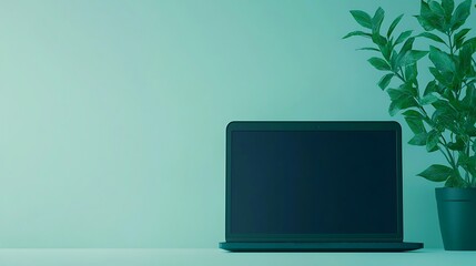 Laptop and Plant on Desk with Teal Background
