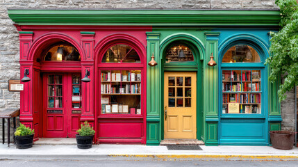 Colorful vintage bookstore facade featuring vibrant tones and inviting entrances