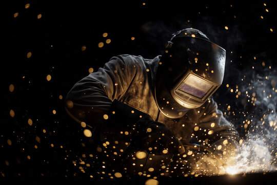 Craftsman welding metal in dark workshop, bright sparks illuminating surroundings. Professional environment with intense focus on craftsmanship. Concept of manufacturing, metalwork, skilled trades - Powered by Adobe