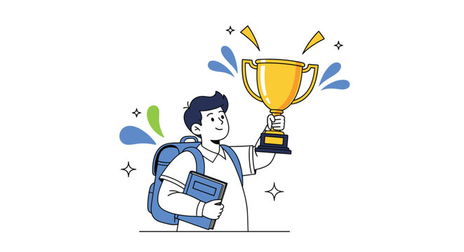 Young student celebrates academic achievement with golden trophy and backpack book icon