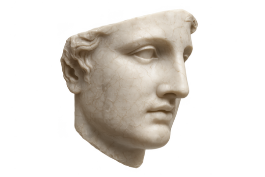 Marble head bust isolated on transparent background, ancient sculpture art