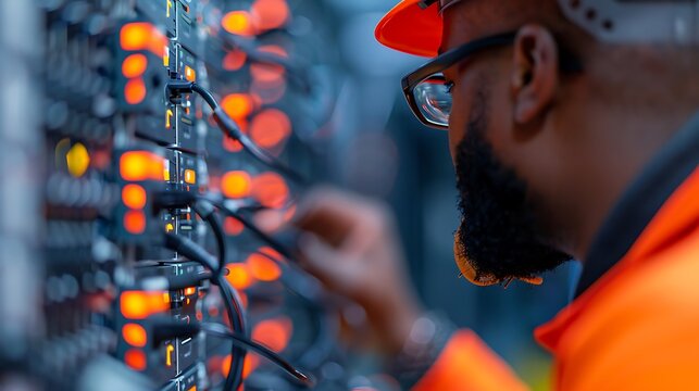 Technician Working on Server Rack with Blinking Lights