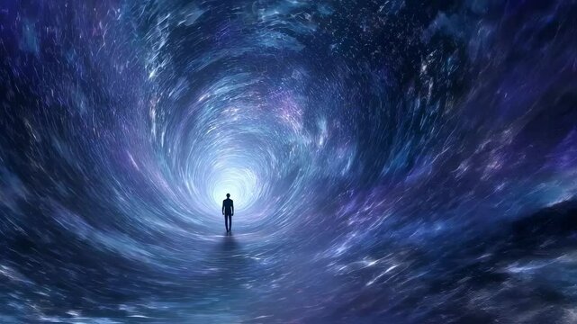 Scifi scene depicting a Quantum Physicist testing the limits of their abilities by venturing into a parallel universe through a quantum tunnel.