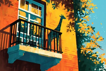 Illustration of a balcony with a giraffe outside