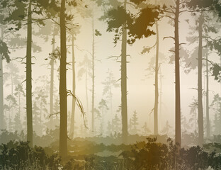 Seamless horizontal background with pine forest, plants and birds	