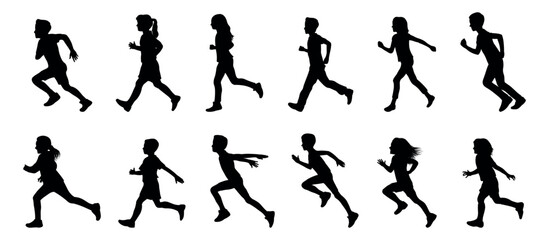 Silhouettes of Children Running - Side View Vector of Active Kids in Motion