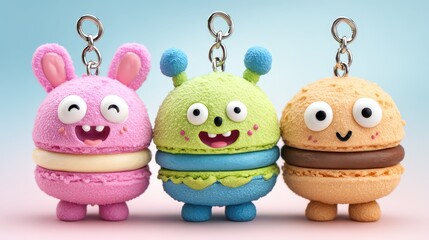 Colorful novelty keychains featuring playful macaron-shaped character designs