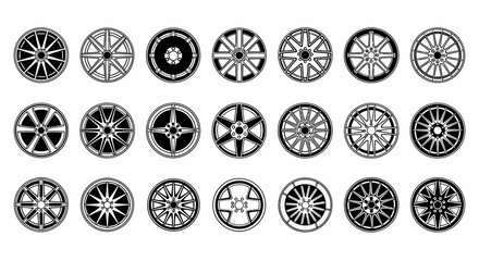 Collection of 24 Black and White Car Wheel Designs: Various Spoke Styles and Patterns © tere