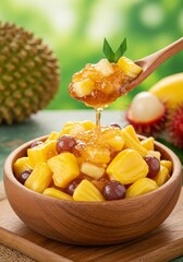 Sweet Tropical Fruit Salad with Honey in Wooden Bowl