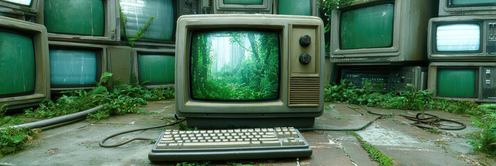 Old computer monitor in a nature encroachment setting
