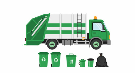 Green Garbage Truck with Recycling Bins and Trash Bags Illustration