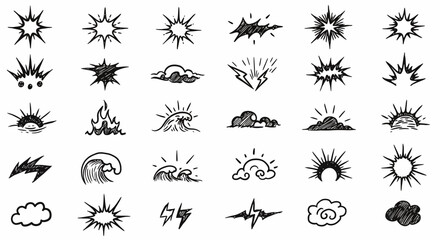 Hand-drawn Black and White Doodle Elements: Sunbursts, Clouds, Waves, Lightning. © tere