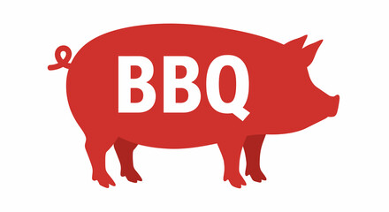 Red Pig Silhouette with BBQ Text, Flat Design Style