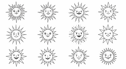 Set of Twelve Hand-Drawn Smiling Sun Faces with Rays in Black and White