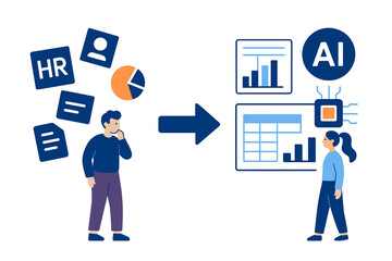 Flat vector illustration showing the transition from traditional HR processes to AI-powered data analytics. Depicts employees interacting with charts, dashboards, and automation technology.

