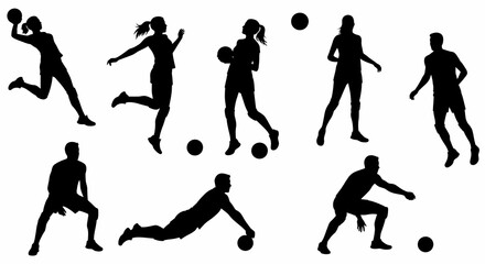 Silhouetted Volleyball Players in Action, Black Figures on White Background