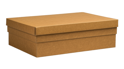 Angled, brown cardboard box with lid on black background