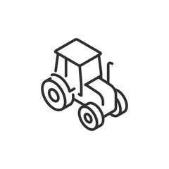 Isometric tractor turning left, linear icon. Farm vehicle or cultivation machinery. Line with editable stroke.