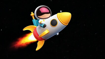 Astronaut rides cartoon rocket through colorful sky, Astronaut rides a rocket, Cartoon astronaut rides a rocket, black background, footage, 4k footage, videos, video clip, slow motion, video wallpaper - Powered by Adobe