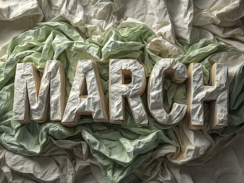 The word march made of paper on a crumpled light green and beige paper background in a studio shot