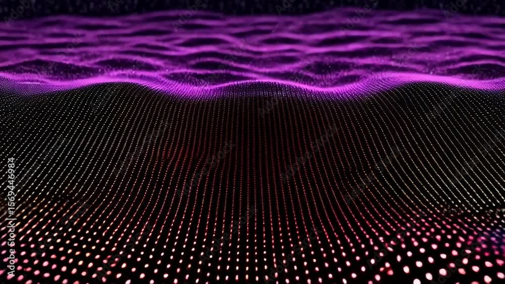 Poster a dynamic purple abstract background features a wave of glowing dots, creating a futuristic and tech