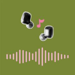 Vintage podcast show graphic with retro cutout elements. Halftone texture, vector illustrations of studio gear and music signals, headphones.