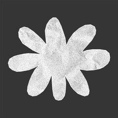 Simple silhouette of a flower with crumpled paper texture on dark background. Minimalistic sticker from notebook page with jagged torn edges, gritty dotted texture, halftone design.