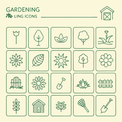 Garden tools icon pack with wheelbarrow, spade, sprout, and watering elements.