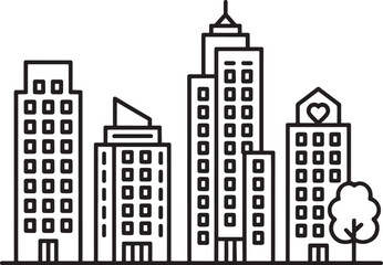 Fototapeta premium Stylized cityscape silhouette with diverse buildings and a tree isolated on white background silhouette