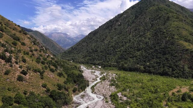 Talgar gorge, Tian Shan Mountains. Different vegetation and a mountain river. The view from the drone.