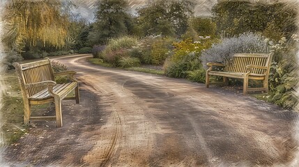 A Serene Pathway Through Lush Gardens with Rustic Benches Inviting Quiet Moments