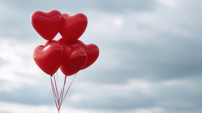 Heart-shaped red balloons against a cloudy sky. - Powered by Adobe