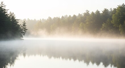 Fototapeta premium 静かな湖面 朝霧漂う幻想的風景 光輝く水面. AI Generated