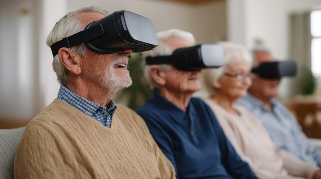 Elderly group enjoying virtual reality experience together.