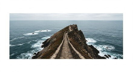 波打ち際続く道 静寂漂う灰色空 絶景眺望 (namiuchi ni tsudzuku michi shijaku tadayou haiiro sora zekkei chobo) Translation: Path continues to the surf, gray sky filled with silence, breathtaking view.. AI Generated